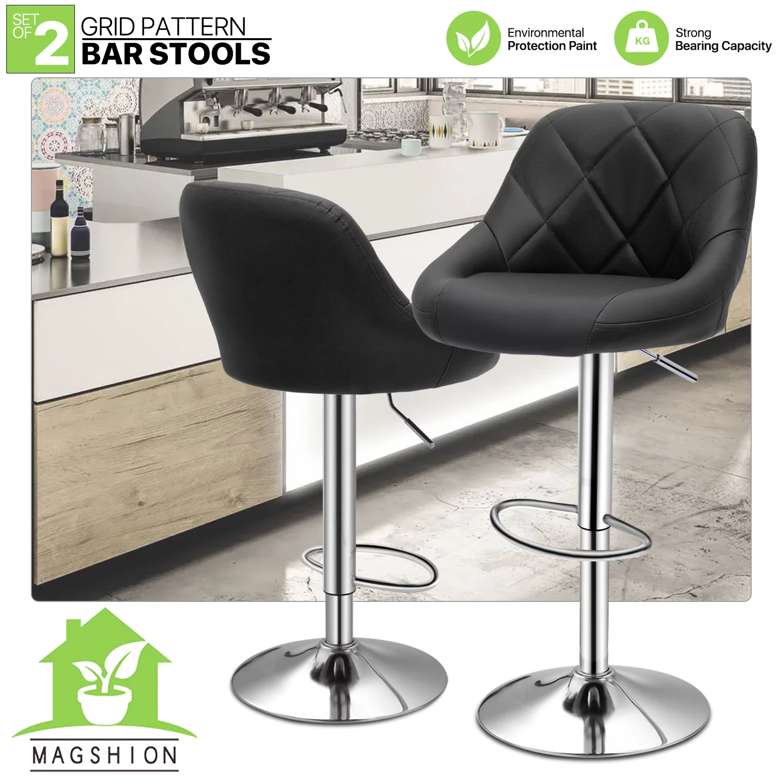 Magshion Set of 2 Faux Leather Adjustable Bar Stools 360 Degree Swivel Barstools with Backrest Footrest Black