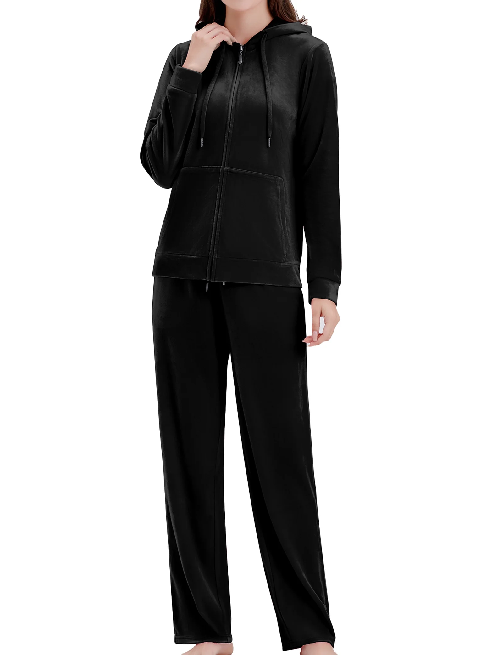 ROYAL MATRIX Women's Velour Sweatsuits - 2 Pieces Velvet Tracksuits Long Sleeve Full Zip Outfits Hoodie & Sweatpants Sets (Black, XL)