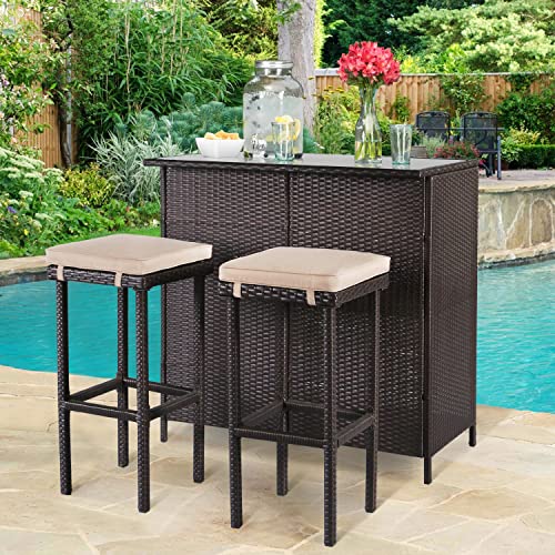 SUNCROWN Outdoor Bar Set 3-Piece Brown Wicker Patio Furniture - Glass Bar and Two Stools with Cushions for Patios, Backyards, Porches, Gardens or Poolside