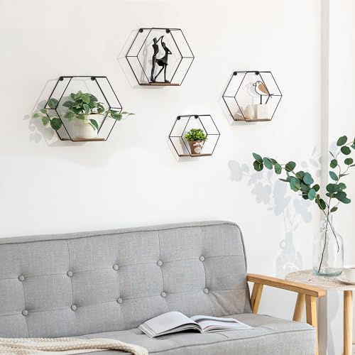 Hexagon Shelves Black Metal - Floating Geometric Hexagon Shelf Wall Mount - Plant Shelves Hexagonal Decor Set of 4