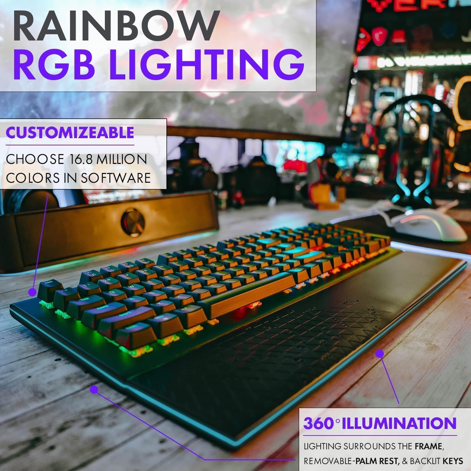 Mechanical Gaming Keyboard LED, Tilted Nation RGB Mechanical Keyboard with Volume Control Knob and Removable Wrist Rest - Programmable Light Up Keyboard with Quick Response Red Switches