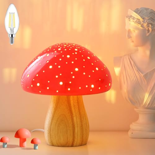 BOHON Mushroom Lamp, Ceramic Bedside Table Lamp for Bedroom Nightstand, Vintage Cute Night Light, Small Lamp for Living Room Kids Desk Home Decor Girls Mother's Day Gifts, LED Bulb Included, Pink