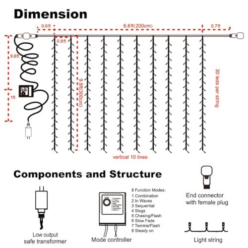 WATERGLIDE 300 LED Curtain Lights, Remote Control Christmas Decorative Hanging String Lights, 8 Lighting Mode, Plug in for Indoor Outdoor Holiday Party Garden Backdrop Wedding Home Decor, Multicolor