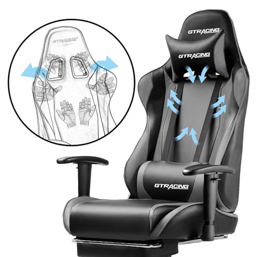 GTRACING Gaming Chair with Footrest, Ergonomic Computer Game Desk Chair, Reclining Game Chair Seat Height Adjustment, Swivel Rocker with Headrest and Lumbar (Blue)