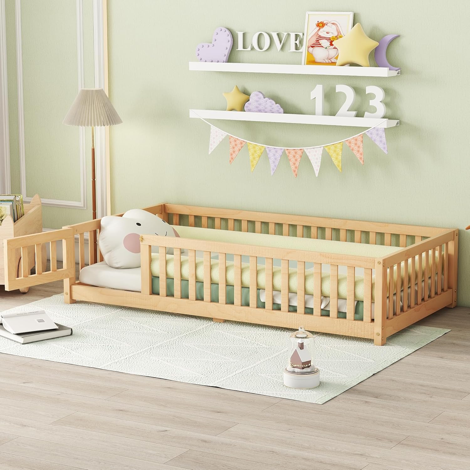 VOXIV Twin Size Montessori Floor Bed,Twin Size Floor Bed with Door and Fence, Floor-Bed-Frame for Children Bedroom,Toddlers, Boys Girls,Easy Assembly,Natural