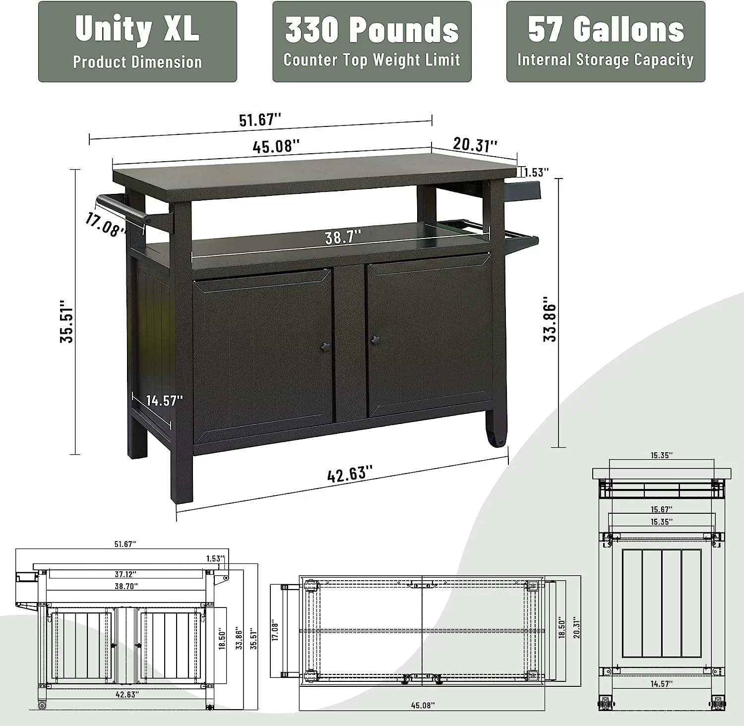 Domi Grill Carts Outdoor with Storage and Wheels, Whole Metal Portable Table and Storage Cabinet for BBQ,Deck,Patio,Backyard (Brown, L45xW20.31xH35.51 Inch)