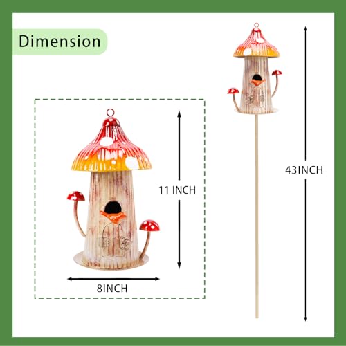 Bird House Stake for Outside, Metal Mushroom Birdhouse Garden Stake, Wild Bird Houses Pole for Small Bird Home Garden Decor