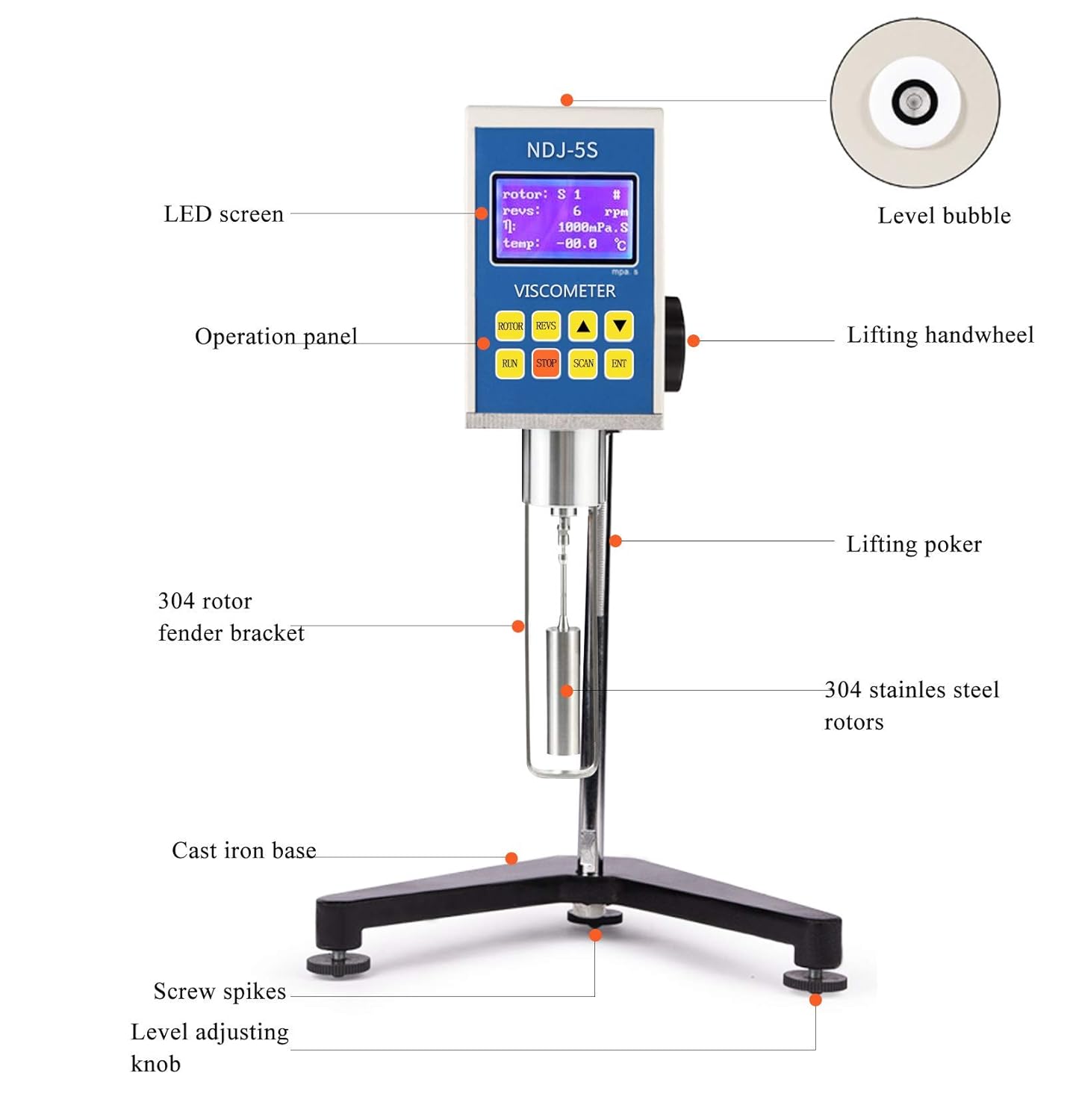 Digital Rotary Viscometer with Temp. Probe 10-6, 000,000 mPa.s Viscosity Meter Tester with Data Communication and Printing Software, ±3% 110V