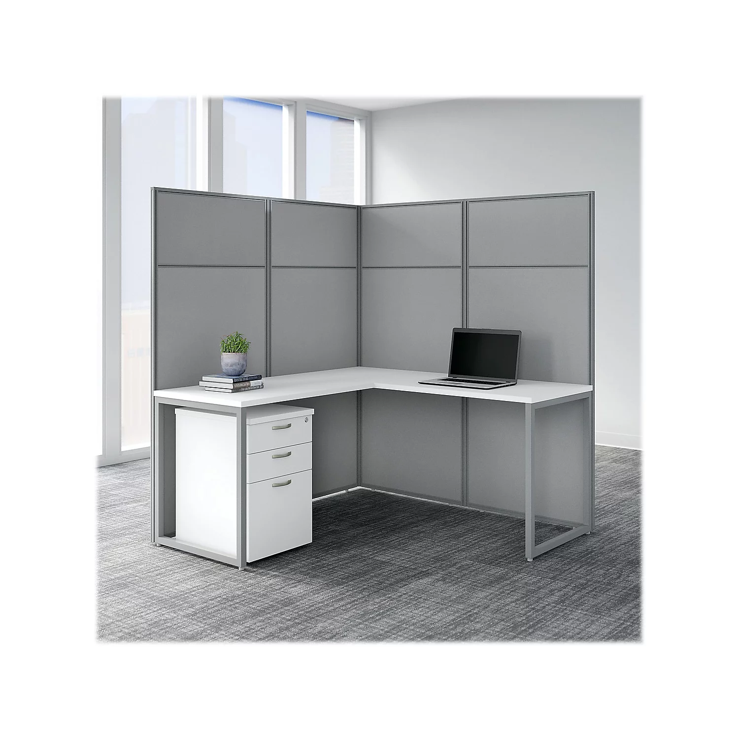 Easy Office L Shaped Desk with Drawers and 66H Panels in White - Engineered Wood