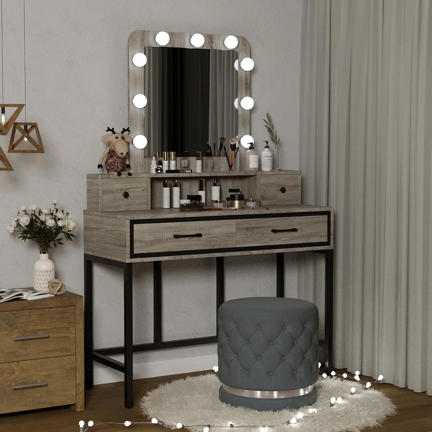 RoyalCraft Makeup Vanity with 3 Color Dimmable Lighted Hollywood Mirror, Makeup Vanity Table with 4 Drawers, Dressing Desk for Beauty Room, Grey
