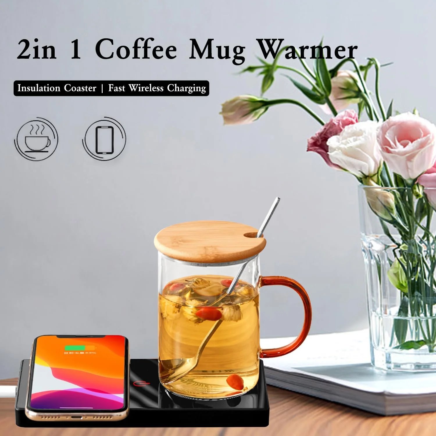 Coffee Mug Warmer Smart Cup Warmer for Office Desk, Multifunction Electric Beverage Warmer Plate 2 in 1 Wireless Charger, USB Heating Coaster Drink Warmer for Cocoa, Tea, Milk
