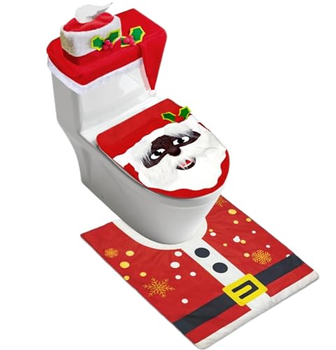 4 Pcs Black Santa Christmas Toilet Seat Cover Set, African American Bathroom Decoration Set with Toilet Seat Cover, Non Slip Bathroom Rugs, Tank Cover, Tissue Box Cover for Bathroom Indoor Decor