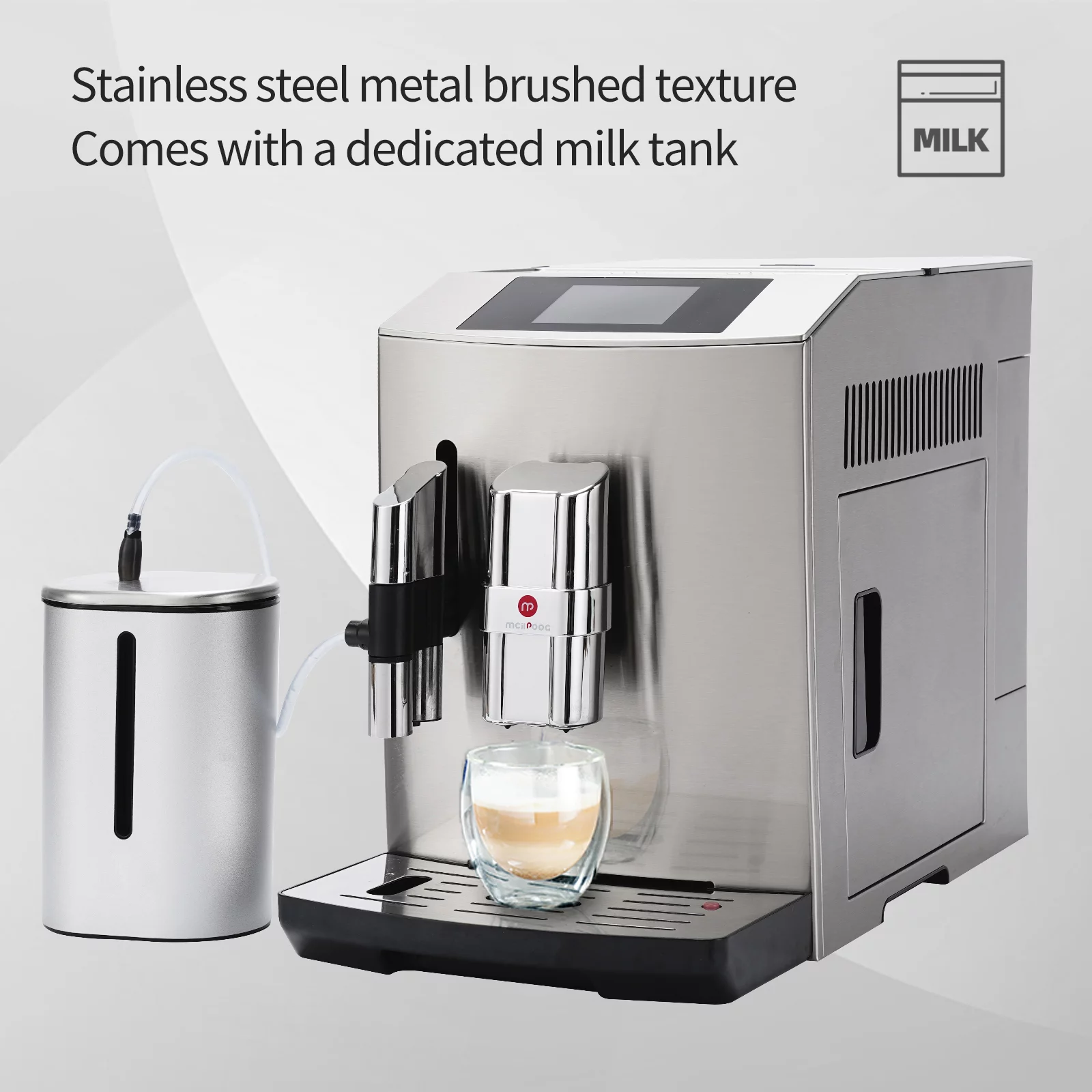 Mcilpoog 2022New Fully Automatic Coffee Machine, Silver Full Metal, Super Automatic Espresso Machine with Milk can, WS-S7 can make Americano, Latte, Cappuccino, Hot Water