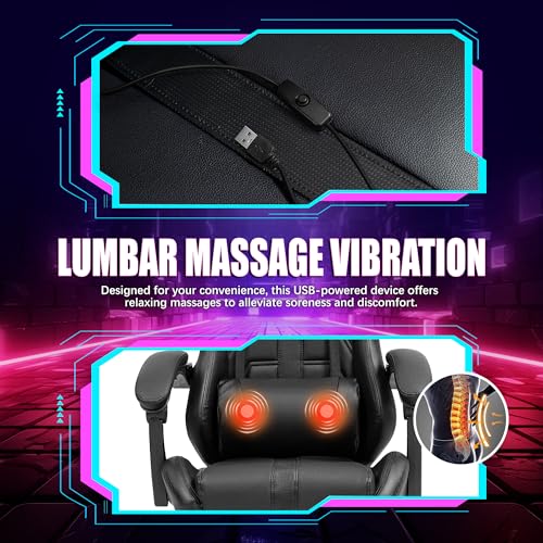 Massage Gaming Chair w/Footrest, Ergonomic High Back PC Chair w/Headrest and Lumbar, PU Swivel Home Desk Office Chair, Black