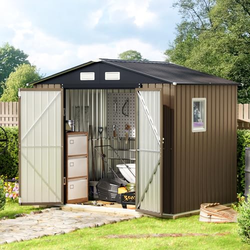 10X12X7.5 FT Outdoor Steel Storage Shed with Lockable Doors, 2 Windows, Transparent Roof Panels (Wood Panels & Frame Floor Not Included), Ideal for Patio Storage,Garbage Can, Chicken Coop，Brown