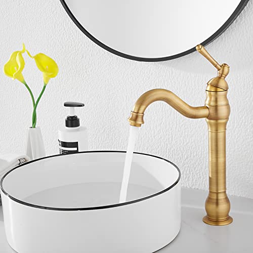 GGStudy 360° Swivel Antique Brass Bathroom Vessel Sink Faucet Single Handle One Hole Matching with Pop Up Drain