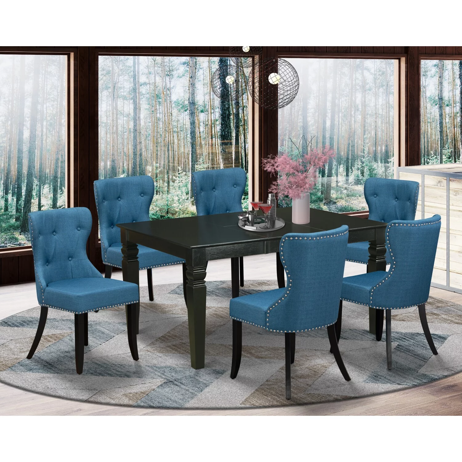 East-West Furniture WESI7-BLK-21 - A kitchen table set of 6 excellent parson chairs using Linen Fabric Mineral Blue color and a lovely dining table with Black color