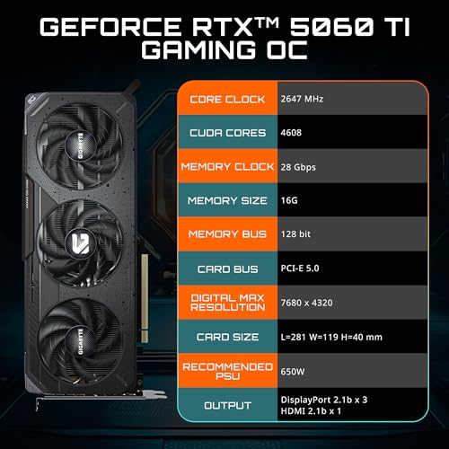 GIGABYTE GeForce RTX 5060 Ti Gaming OC 16G Graphics Card, 16GB 128-bit GDDR7, PCIe 5.0, WINDFORCE Cooling System, GV-N506TGAMING OC-16GD Video Card