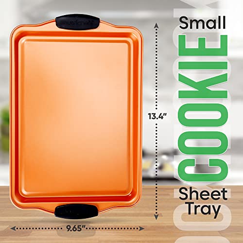 Nutrichef Nonstick Small Cookie Baking Sheet, Smooth Silicone Coating with Red Silicone Handles, Kitchen Essential, Durable Sheet Pan, Dishwasher Safe, PFOA, PFOS, PTFE Free, 13.38’’ × 8.66’’ × 0.59’’