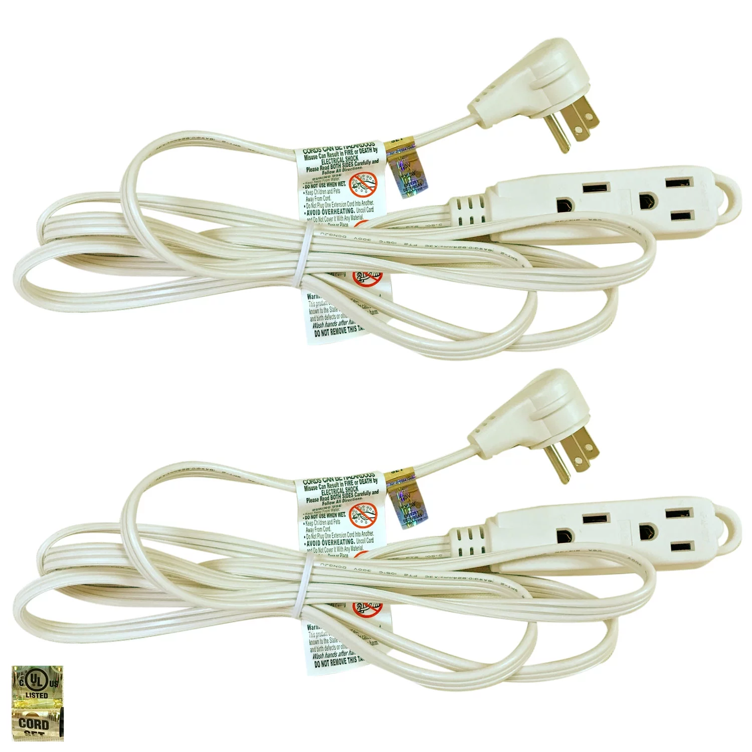 Royal Designs, Inc. Flat Plug Extension Cord for Indoor & Outdoor, 6 ft long, White, 6 Outlet Prong Grounded Wire UL Listed, Set of 2