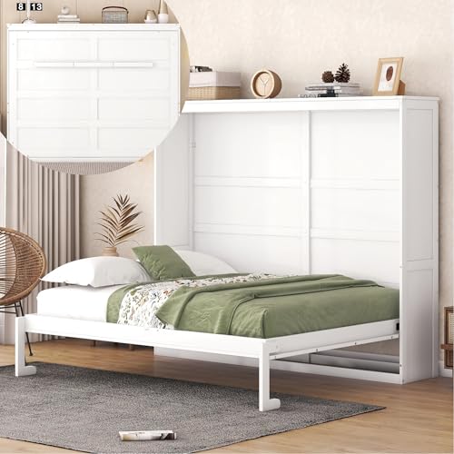 Merax Modern Farmhouse Solid Wood Murphy Cabinet Bed, No Box Spring Needed/Easy Assemble/Queen,Gray