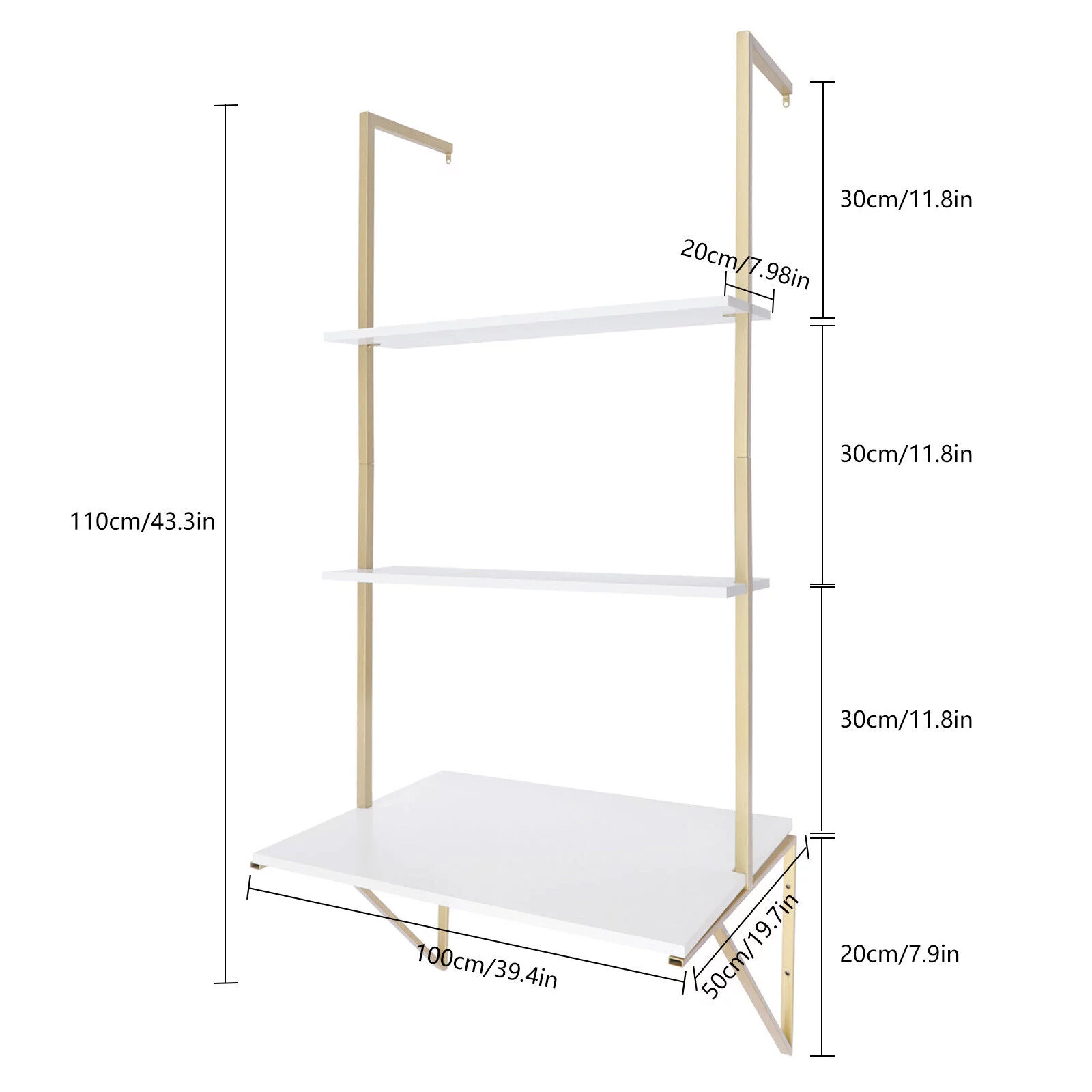 Wall-mounted Desk 3 Tier White Ladder Desk Max. Load: 20kg/44.09lbs W/Brackets 3-Tier Ladder Shelf Bookcase Bookshelf Drawers Wall Mount Living Room Bedroom Wall Mount Ladder Desk
