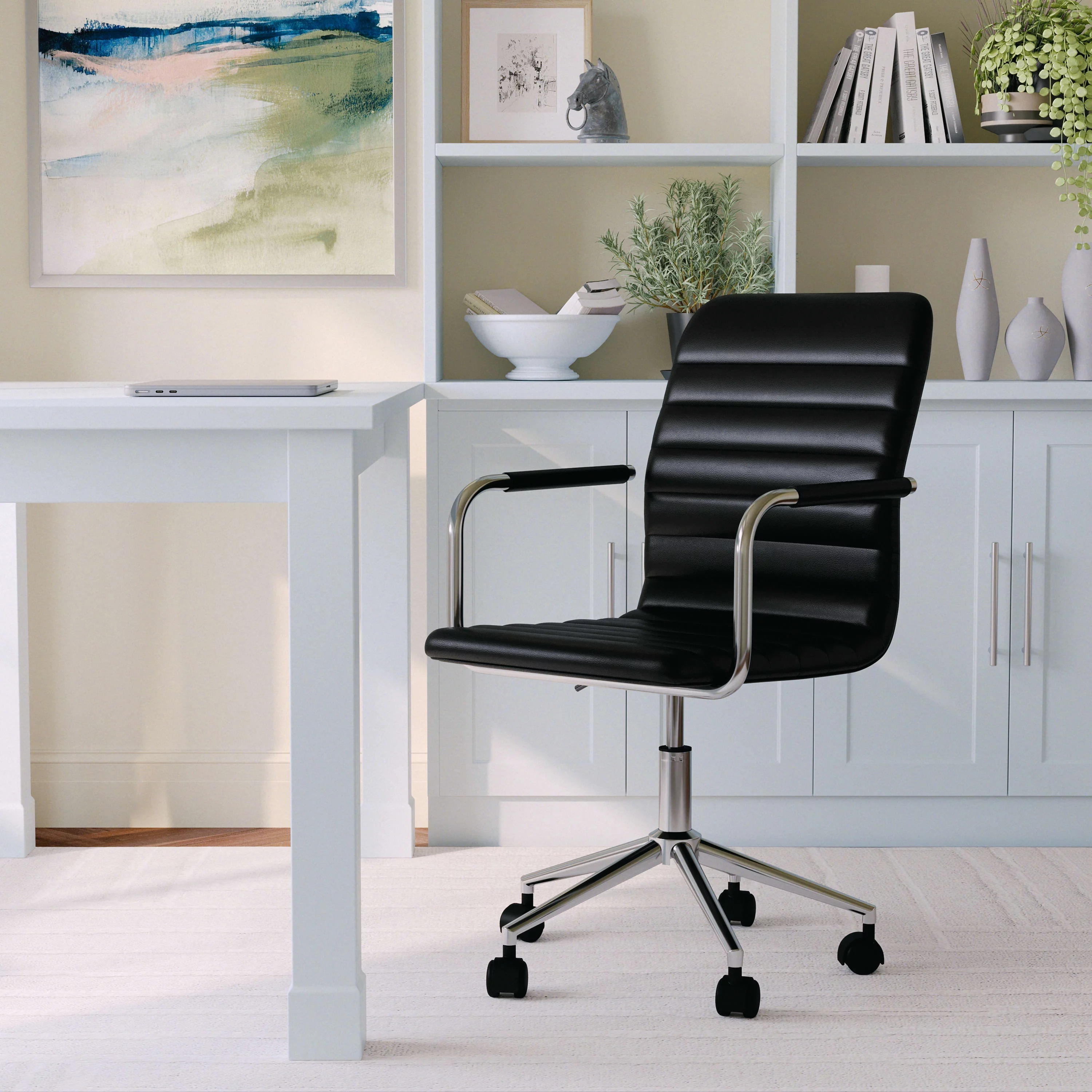 Martha Stewart Taytum Upholstered Office Chair in Black/Polished Nickel