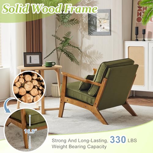 VINGLI Solid Wood Wide Armrests Accent Chair,Upholstered Mid Century Modern Chair with Pillow,Comfy Reading Chair Farmhouse Arm Chair,Chairs Living Room,Bedroom,Guest Room,Linen Fabric,Beige