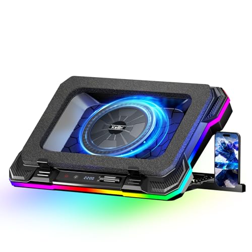 KeiBn Upgraded Gaming Laptop Cooler Pad with 9 Quiet RGB Fans, Cooling Pad for 15.6-17.3 Inch Laptops with 7 Height Stands, 2 USB Ports, Phone Stand-Blue