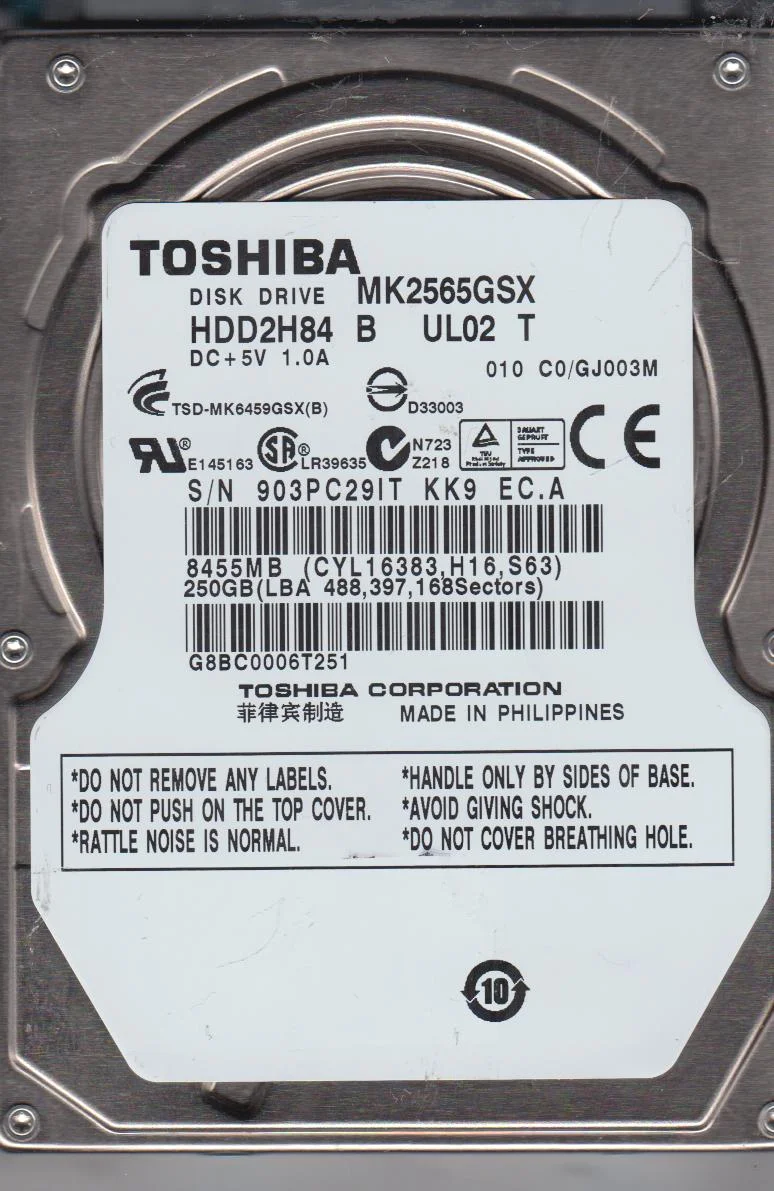 MK2565GSX, C0/GJ003M, HDD2H84 B UL02 T, Toshiba 250GB SATA 2.5 Hard Drive