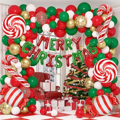 Amandir 180 Pcs Christmas Balloon Arch Garland Kit with Merry Christmas Banner Red Green Foil Candy Cane Snowflake Print Confetti Balloons for Xmas Holiday Birthday Party Decorations Supplies