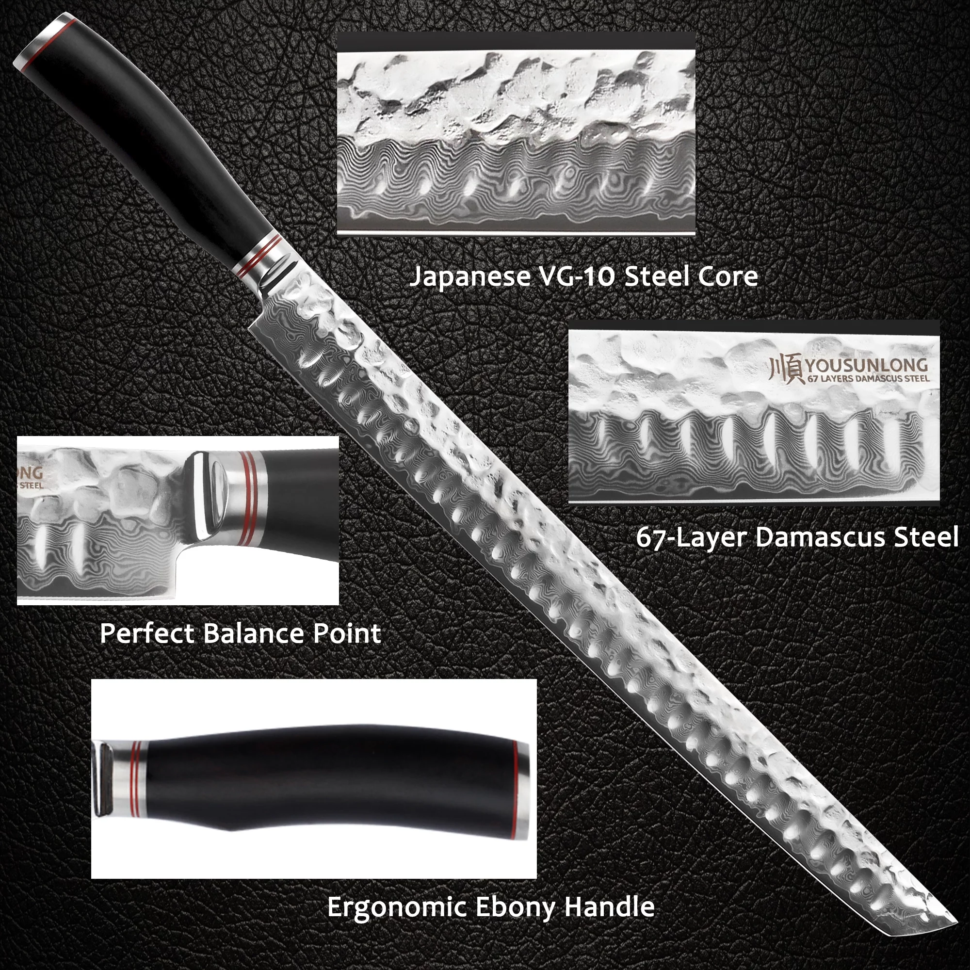 YOUSUNLONG Sakimaru Knife 15 inch - Japanese Damascus Steel Fillet Knives Natural Handle With Leather Sheath