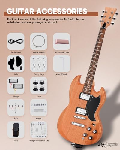 Leo Jaymz DIY Single Cut Electric Guitar Kits with Mahogany Body and Neck - Rosewood Fingerboard and All Components Included (LP Hollow)