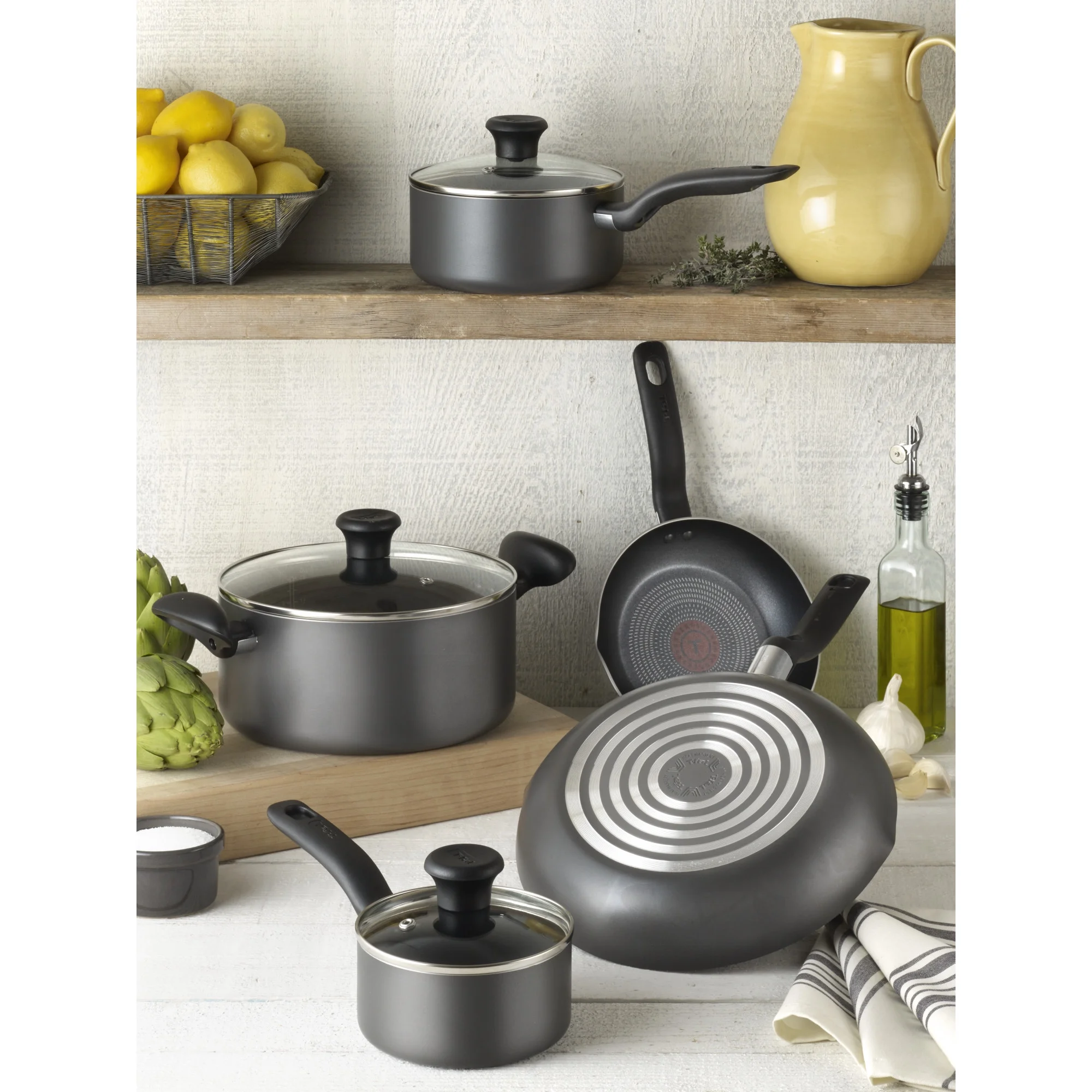 T-fal Initiatives, 10 Piece Non-Stick Cookware Set, Black