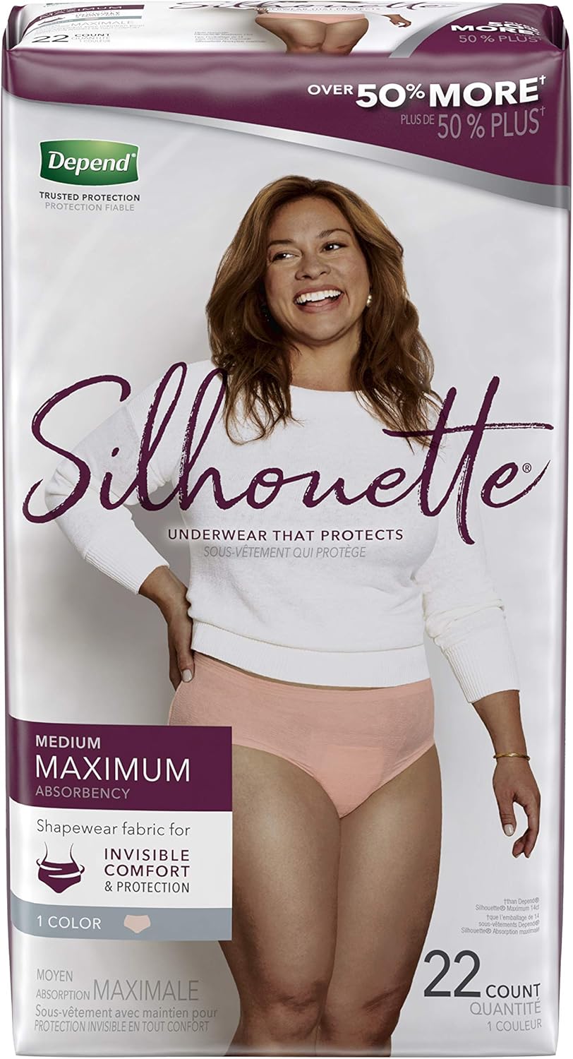Depend Silhouette Incontinence and Postpartum Underwear for Women, Maximum Absorbency, Disposable, Pink, Medium (22 Count)