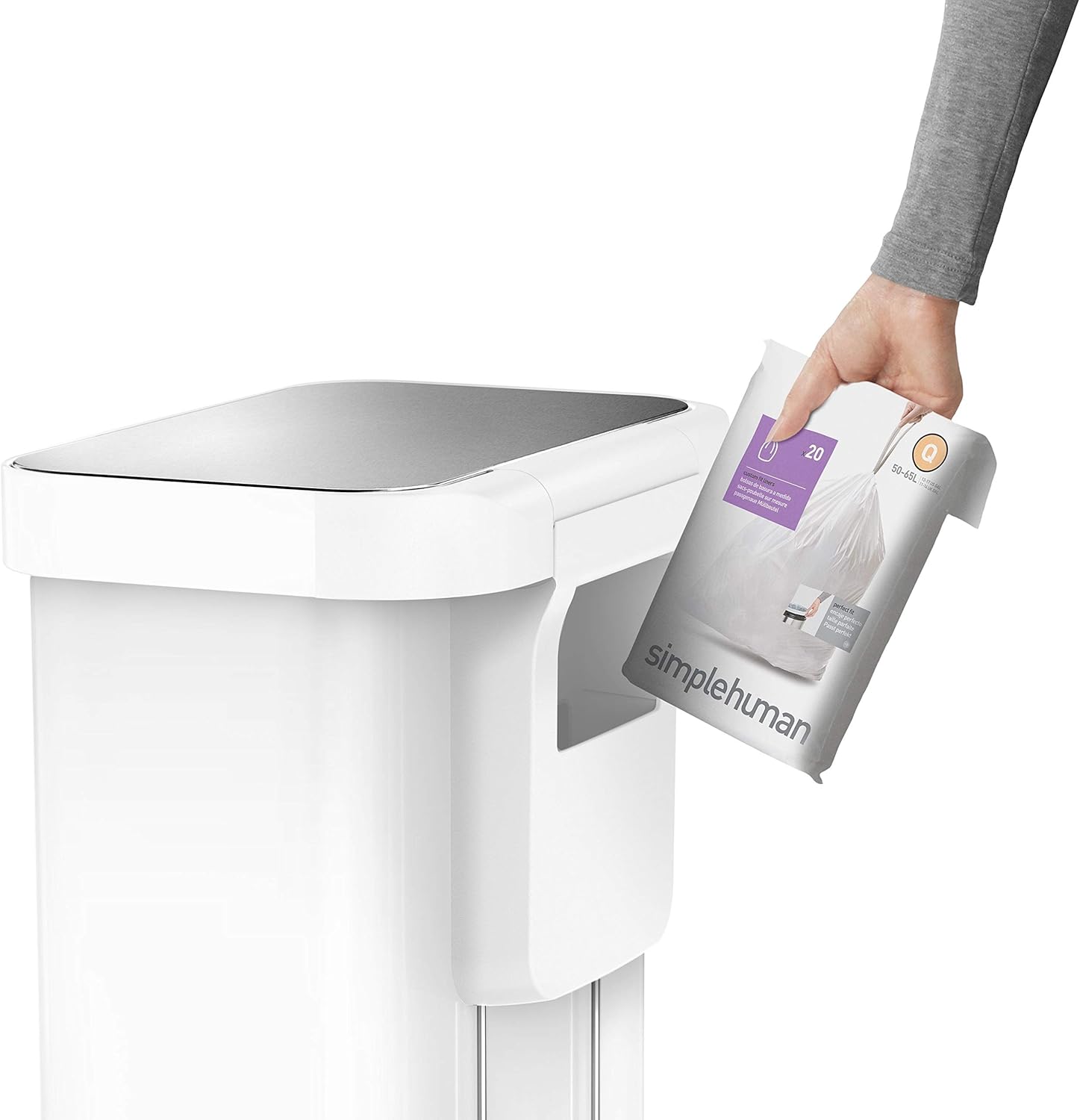 simplehuman 55 Liter Rectangular Kitchen Step Soft-Close Lid, White Stainless Steel Trash can