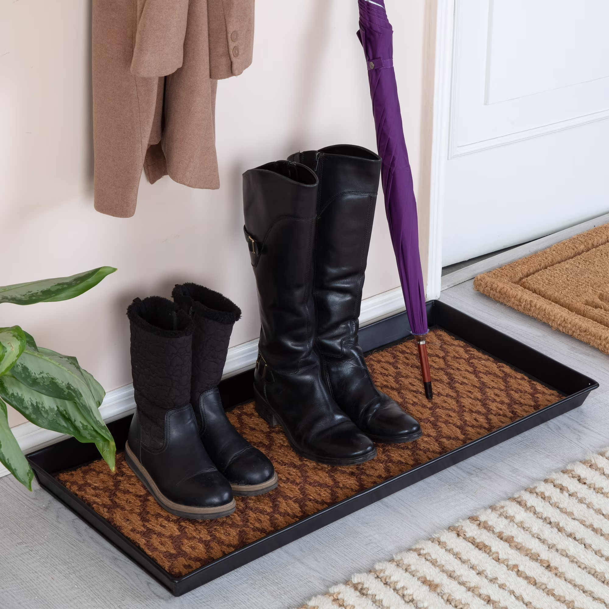 Black Metal Boot Tray with Tan & Dark Brown Coir Insert