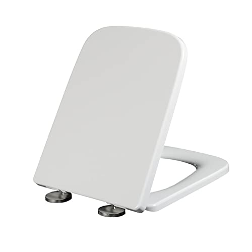 Soft Close Toilet Seat, Toilet seat, White Square Toilet Seat with Top Fix Adjustable Hinges, Toilet Seat Quick Release Rectangular,03b