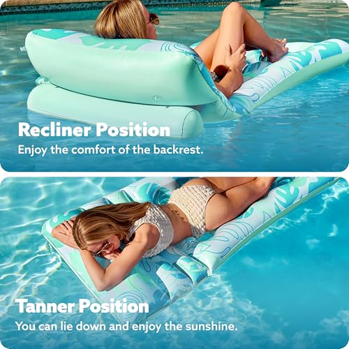 SLOOSH Adjustable Backrest Pool Floats - Tropical Leaves Pool Lounger Floaties Adults with Cup Holders, Inflatable Tanning Float Rafts Chair Beach Lake Lounge Floating Above Water Keep Cool (Blue)