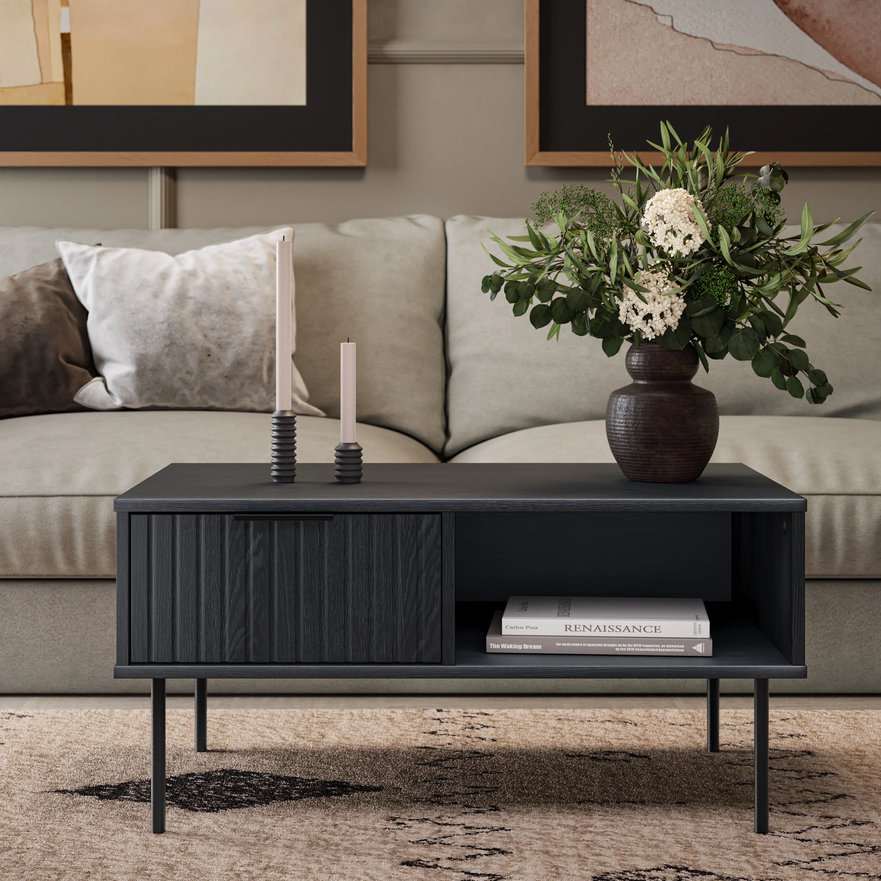 Evander Classic Black Fluted Engineered Wood Coffee Table with Metal Legs
