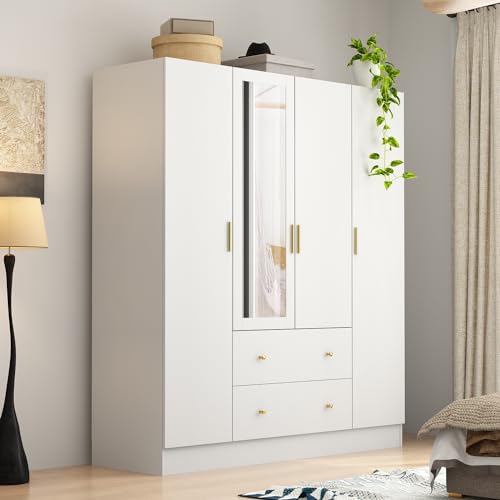 4-Door Armoire Wardrobe Closet with Mirror, 63