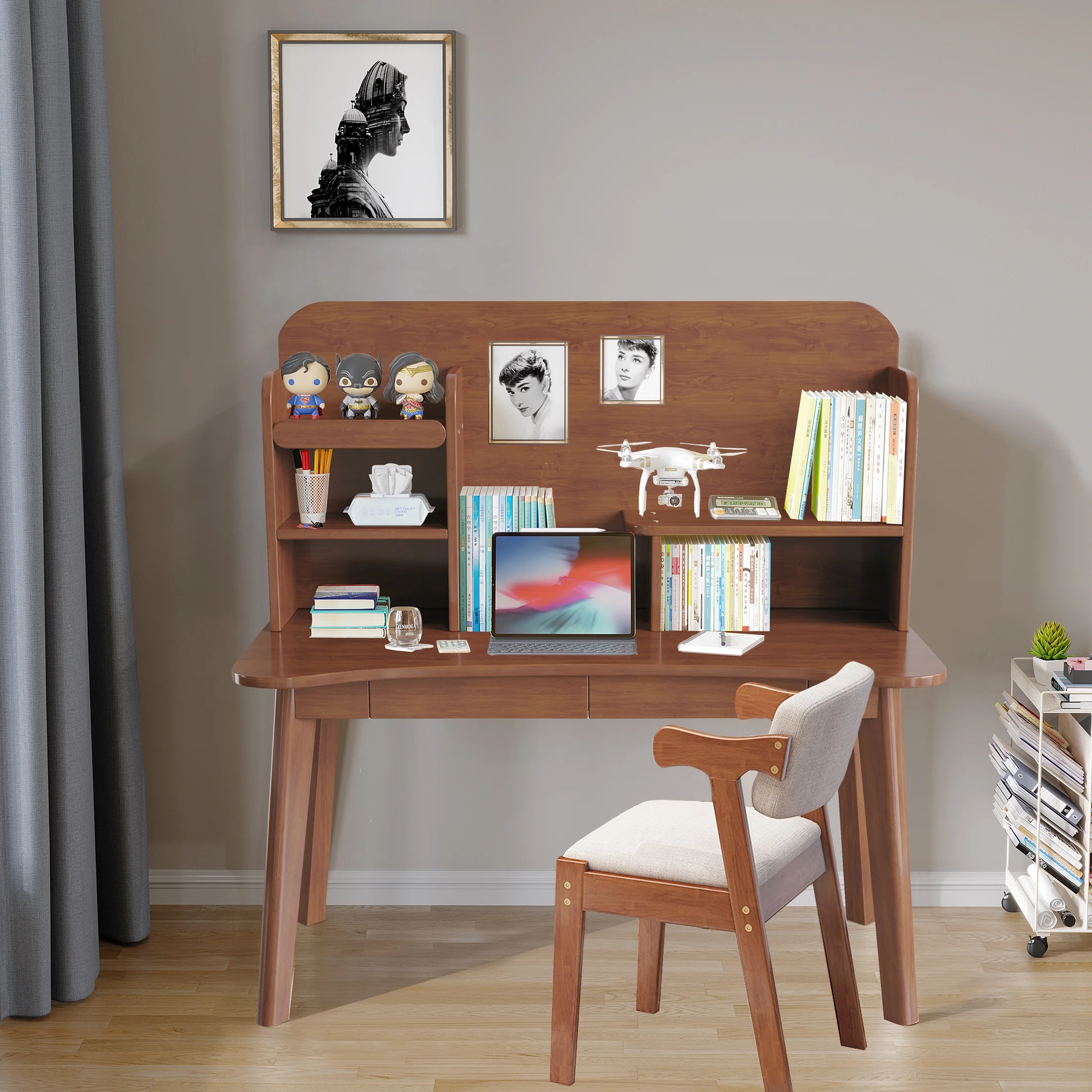 BALANBO Kids Desk and Chair Set Kids Table Wooden Children’s Study Desk with Bookshelf and Two Drawers and Chairs Desk for 3 Years Old and Student's Workstation & Writing Table for Home(Brown