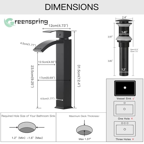 Brushed Nickel Vessel Sink Faucet, Waterfall Bathroom Faucets, Tall Spout Single Handle Single Hole Bathroom Faucets with Pop Up Drain and Without Overflow Basin Faucet Supply Line