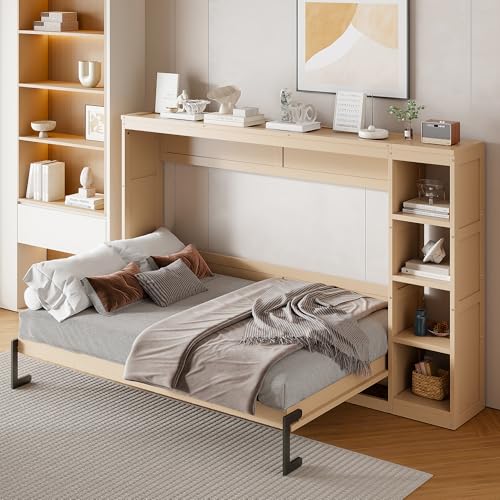 Wooden Murphy Cabinet Bed Frame with Charging Station, Full-Size Foldable Wall Bed with Large Storage Drawer for Home Apartment Limited Living Places, Space-Saving Hidden Bed No Box Spring Needed