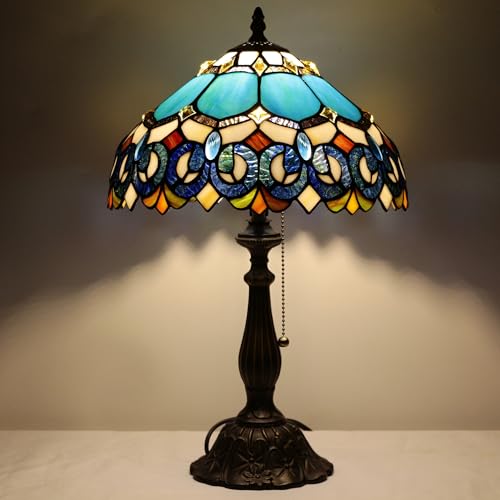 Tiffany Table Lamp Stained Glass Lamp 12X12X19 Inch Antique Reading Light (Sea Blue Pear)