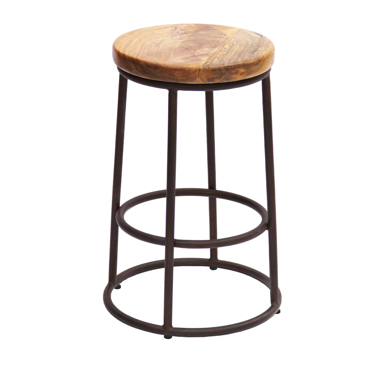 24 Inch Mango Wood Counter Height Barstool With Iron Base Brown And Black- Saltoro Sherpi