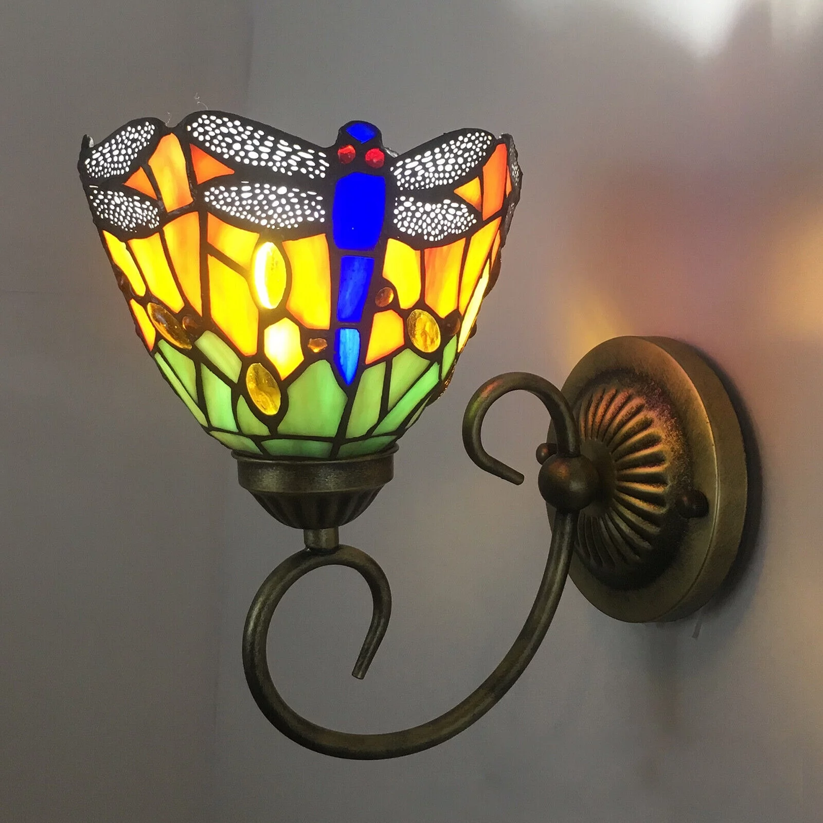 Antique Tiffany Dragonfly Wall Lamp Stained Glass Wall Sconce Light Fixture 60W