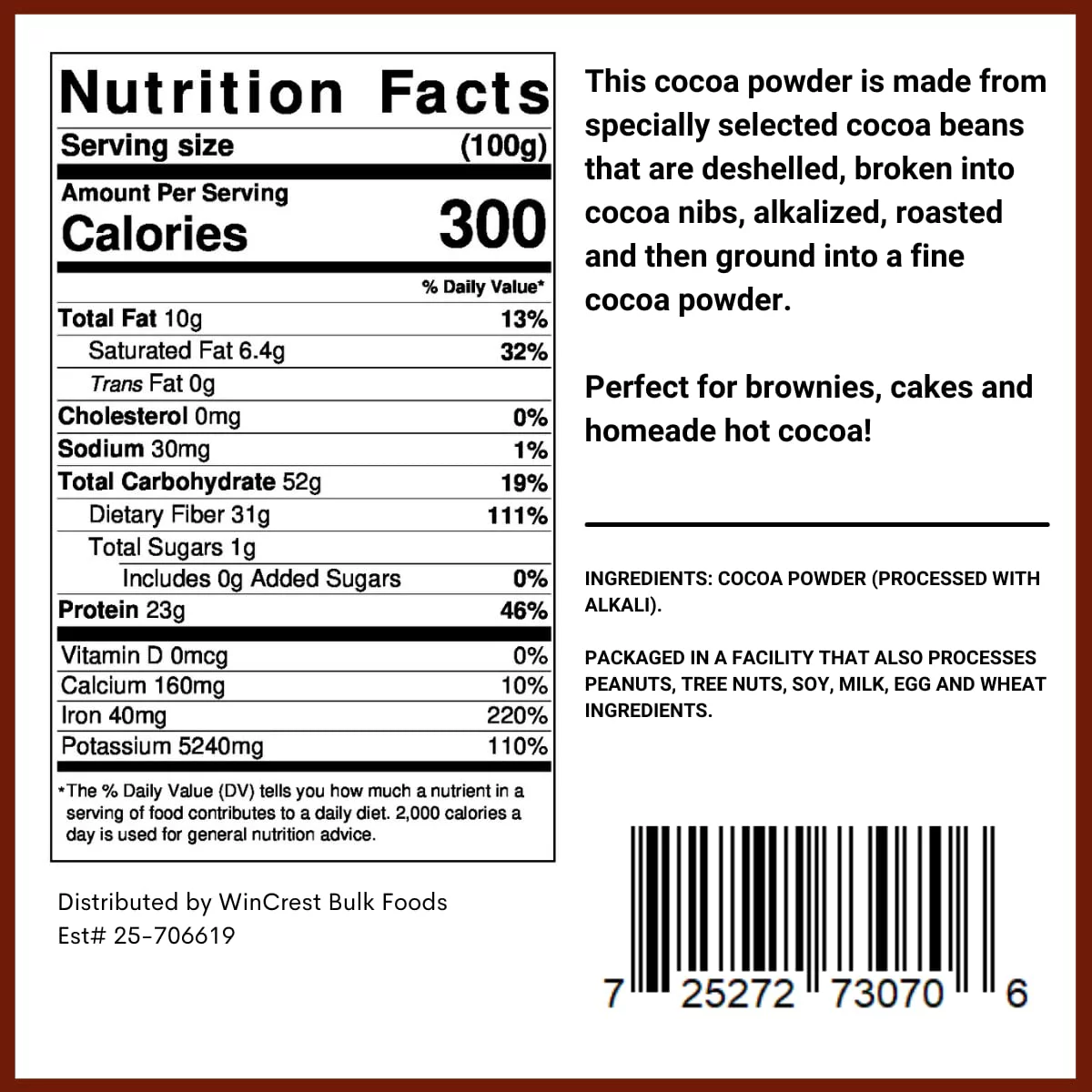 Premium Dutch Processed Cocoa Powder - 2 Lb Container