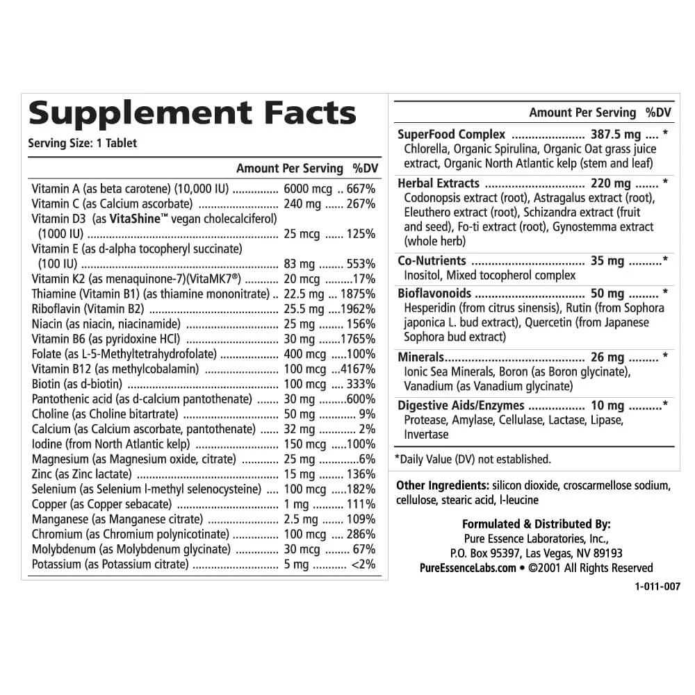 One N Only Multivitamin - One a Day Whole Food Supplement with Superfoods, Minerals, Enzymes, Vitamin D, D3, B12, Biotin by Pure Essence - 30 Tablets