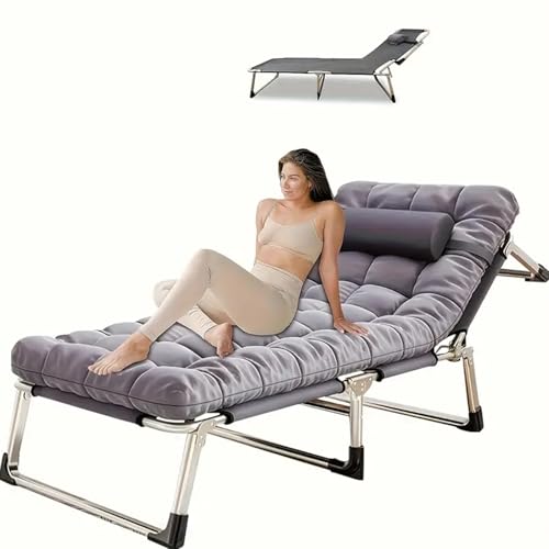 Leo IRis Portable Folding Camping Cot, Oversize Adjustable 5-Position Adults Reclining Lounge Chairs with Pillow, Heavy Duty Oxford Cloth 600D with Mattress (Gray - Upgrade Bed (with Mat))